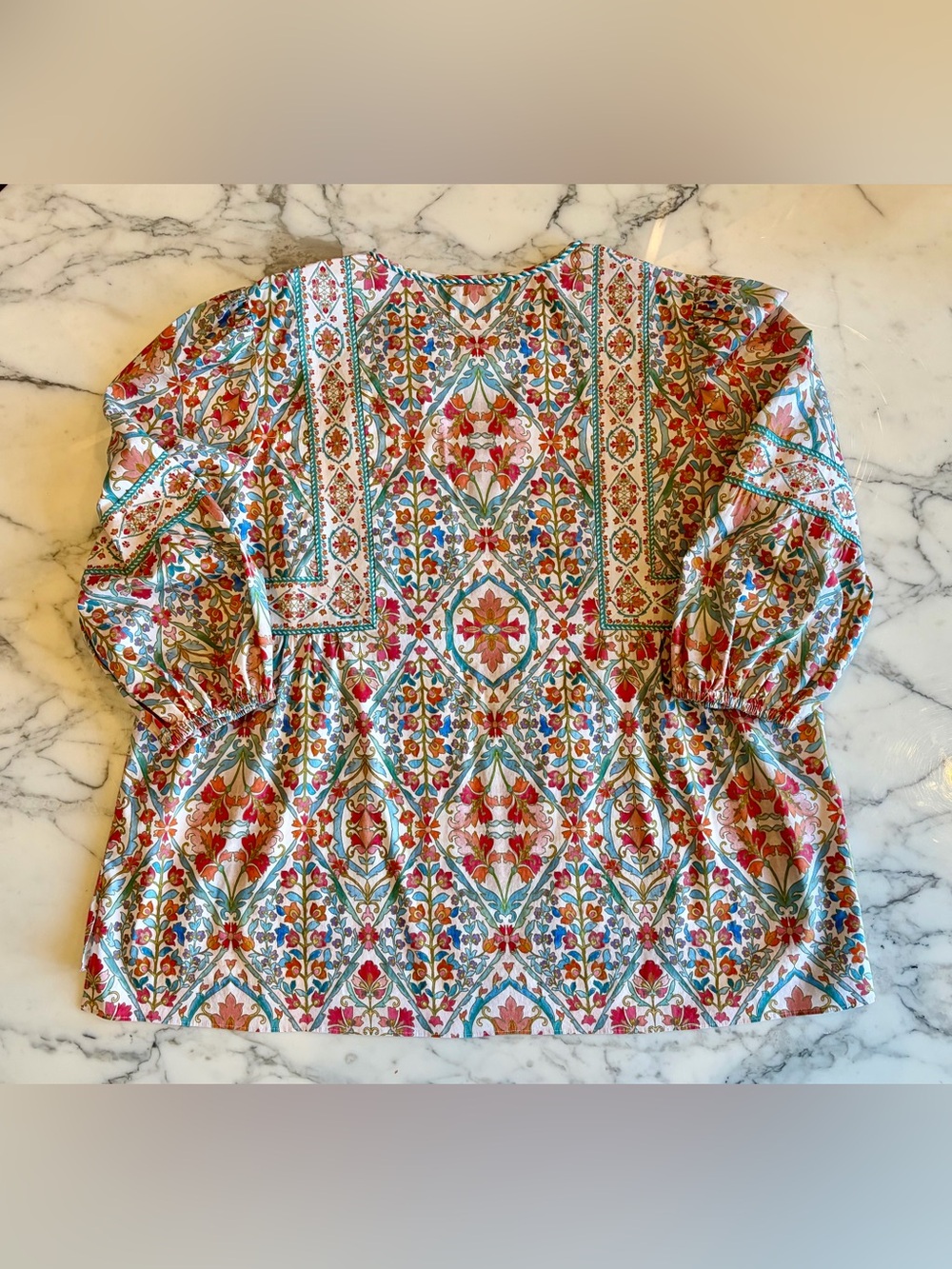 EUC SHOSHANNA Remi Top Pullover Neck Tie Stretch Cotton 3/4 Sleeve XL Teal/Coral - Picture 7 of 12